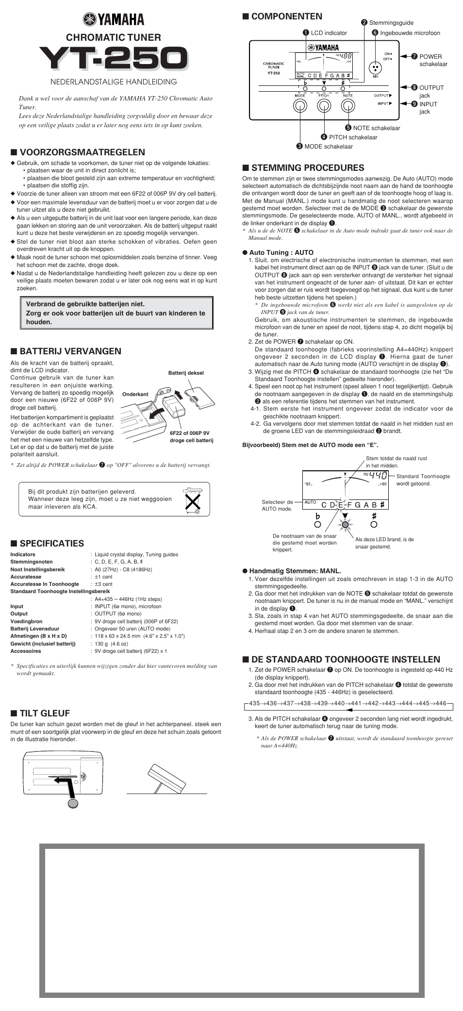 Yt-250, Chromatic tuner, Specificaties | Tilt gleuf, Batterij vervangen ■ voorzorgsmaatregelen, Stemming procedures, Componenten, De standaard toonhoogte instellen | Yamaha YT-250 User Manual | Page 7 / 7