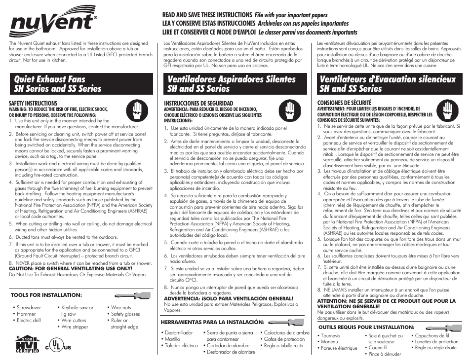 Ventamatic SS Series Quiet Exhaust Fans User Manual | 4 pages