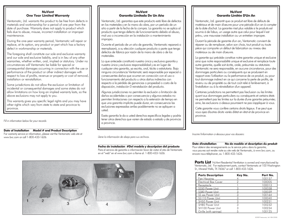 Sh-ss fans p4, Parts list | Ventamatic SS Series Quiet Exhaust Fans User Manual | Page 4 / 4