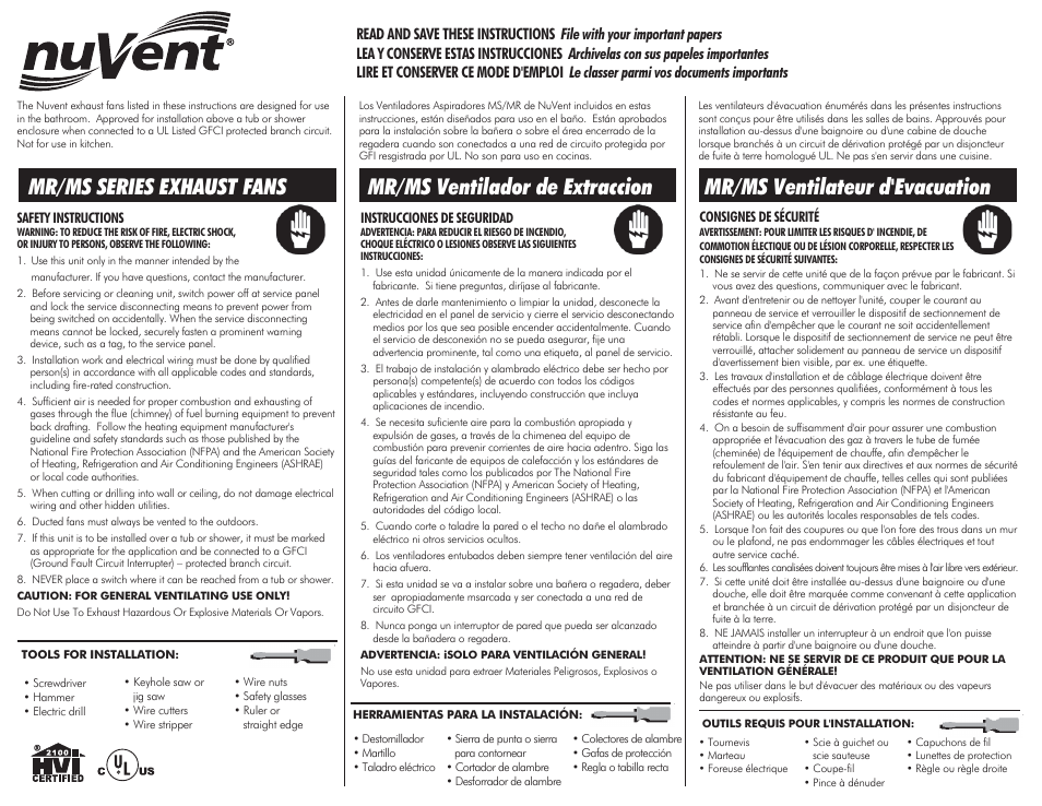 Ventamatic MS Series Exhaust Fans User Manual | 4 pages