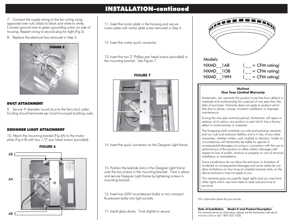 Installation–continued | Ventamatic M SERIES DESIGNER FAN-LIGHTS User Manual | Page 2 / 2
