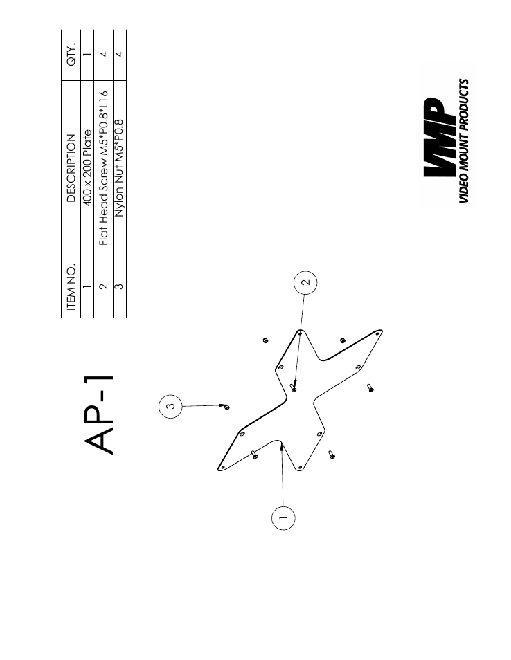 Ap-1 part list, Sheet1, Drawing view9 | Ap-1 | Video Mount Products AP-1B User Manual | Page 2 / 3