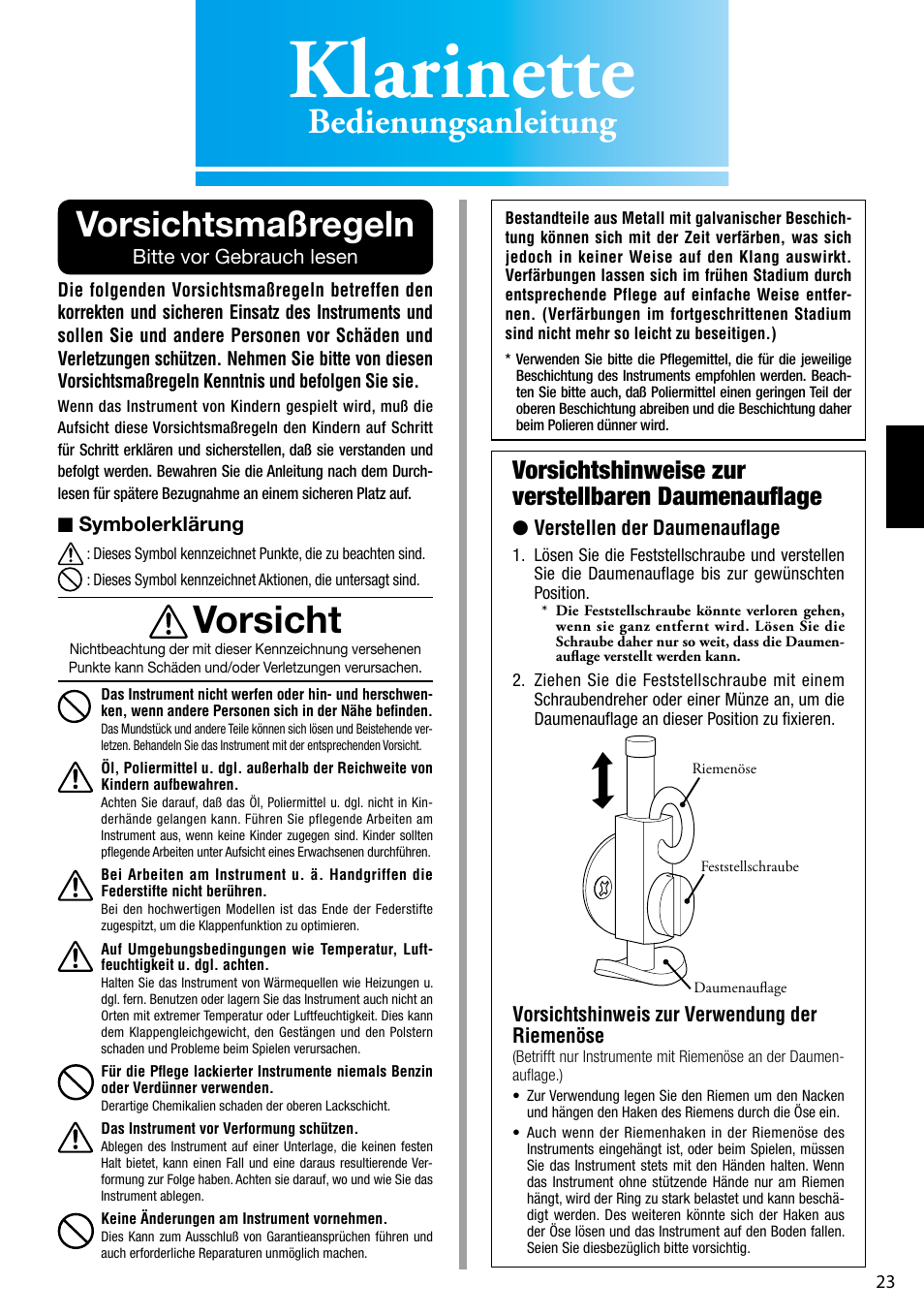 Vorsichtsmaßregeln, Klarinette, Vorsicht | Bedienungsanleitung vorsichtsmaßregeln, Vorsichtshinweise zur verstellbaren daumenauflage | Yamaha YCL-681 II User Manual | Page 3 / 16