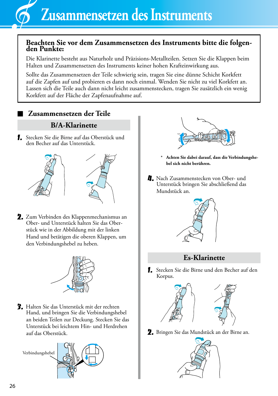 Zusammensetzen des instruments, Zusammensetzen der teile, Zusammensetzen der teile b/a-klarinette 1 | Es-klarinette 1 | Yamaha YCL-681 II User Manual | Page 6 / 16