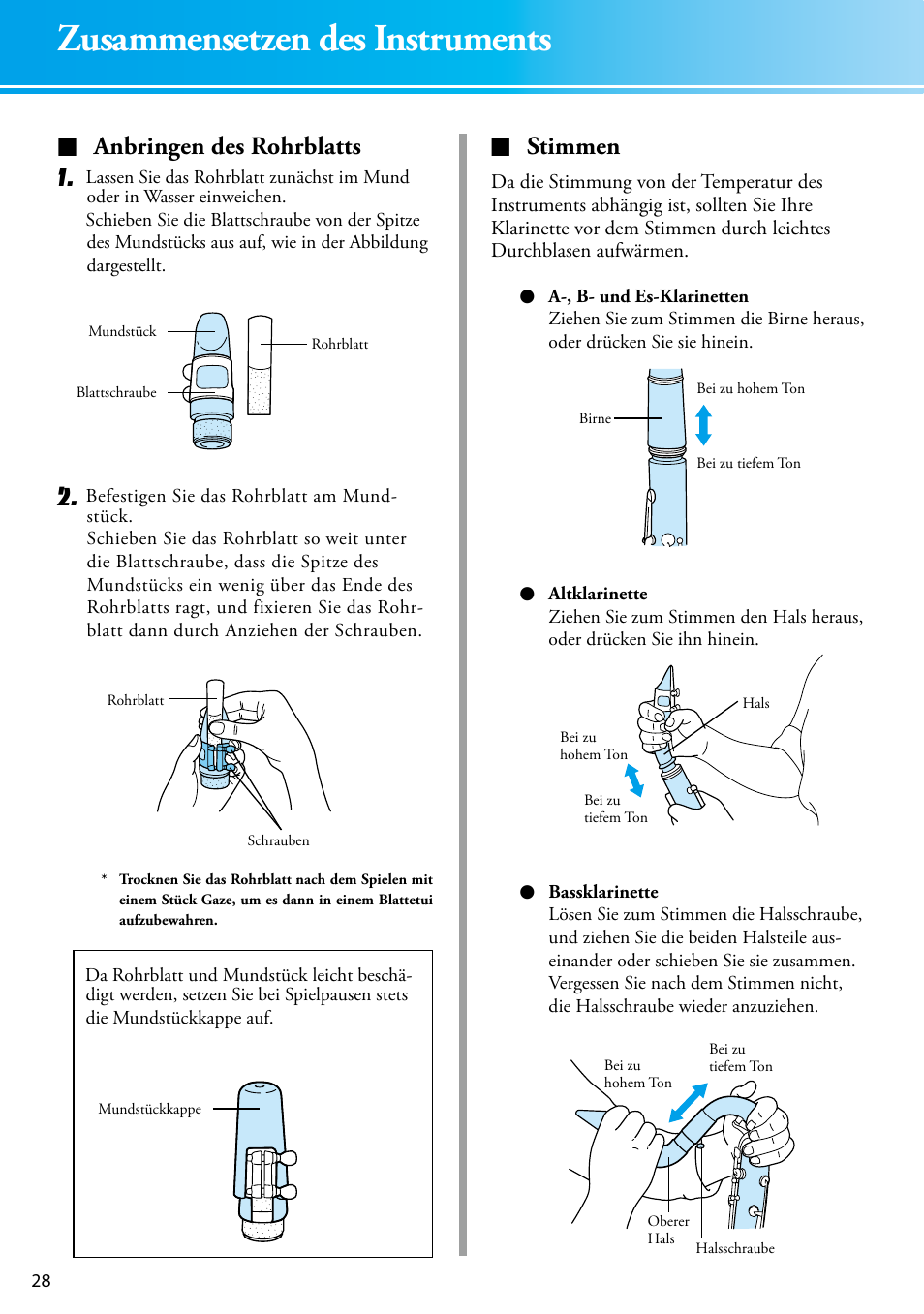 Anbringen des rohrblatts, Stimmen, Zusammensetzen des instruments | Anbringen des rohrblatts 1 | Yamaha YCL-681 II User Manual | Page 8 / 16