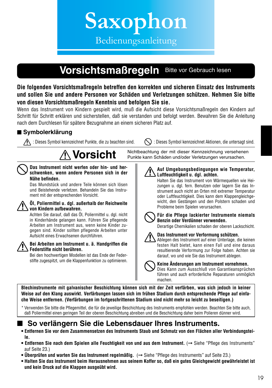 Saxophon, Vorsicht, Vorsichtsmaßregeln | Bedienungsanleitung | Yamaha SAX-MTSET User Manual | Page 3 / 12