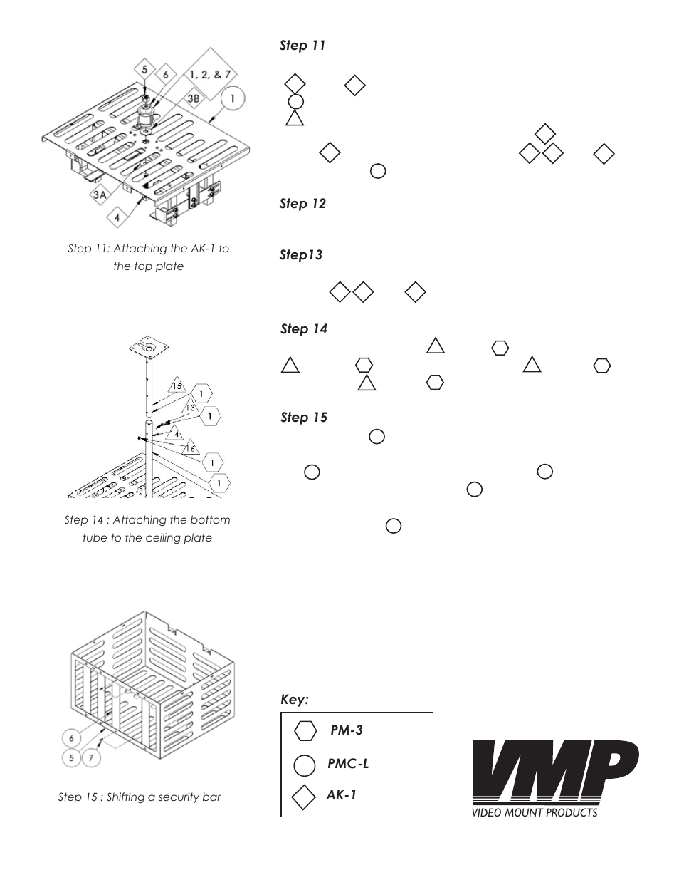 Step 14, Step 15, Key: pmc-l | Ak-1 step 11, Step 12, Step13, Pm-3 | Video Mount Products PMC-L User Manual | Page 6 / 7