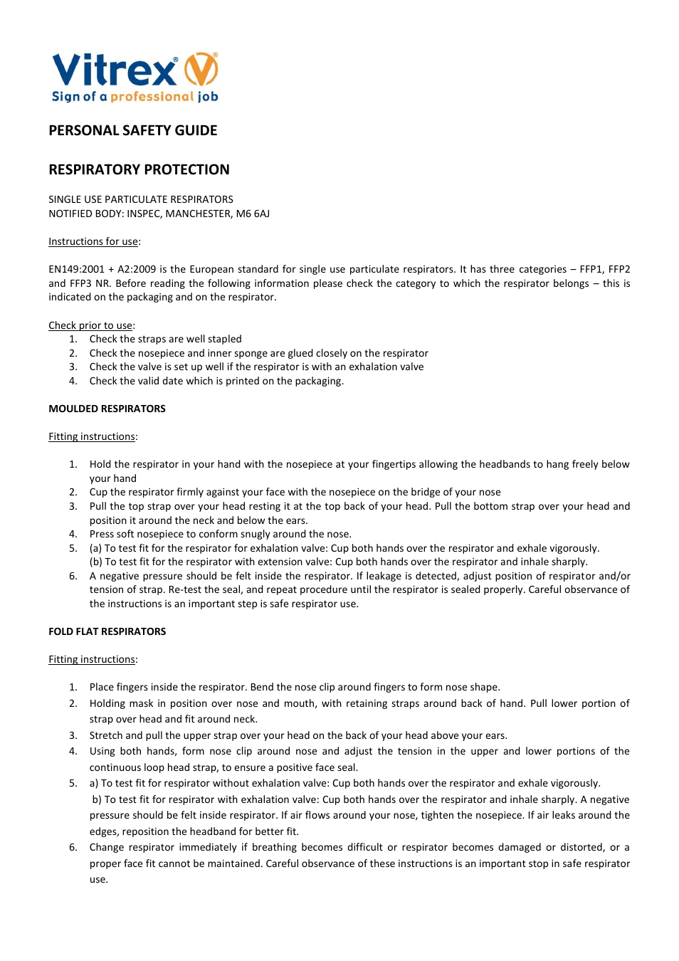 Vitrex RESPIRATORY PROTECTION User Manual | 3 pages