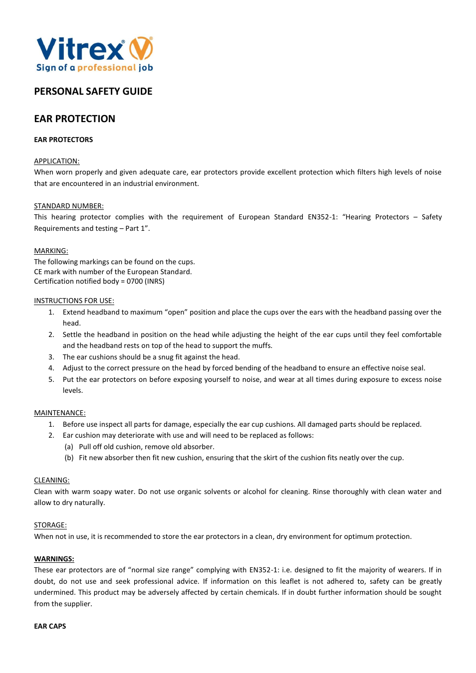 Vitrex EAR PROTECTION User Manual | 3 pages