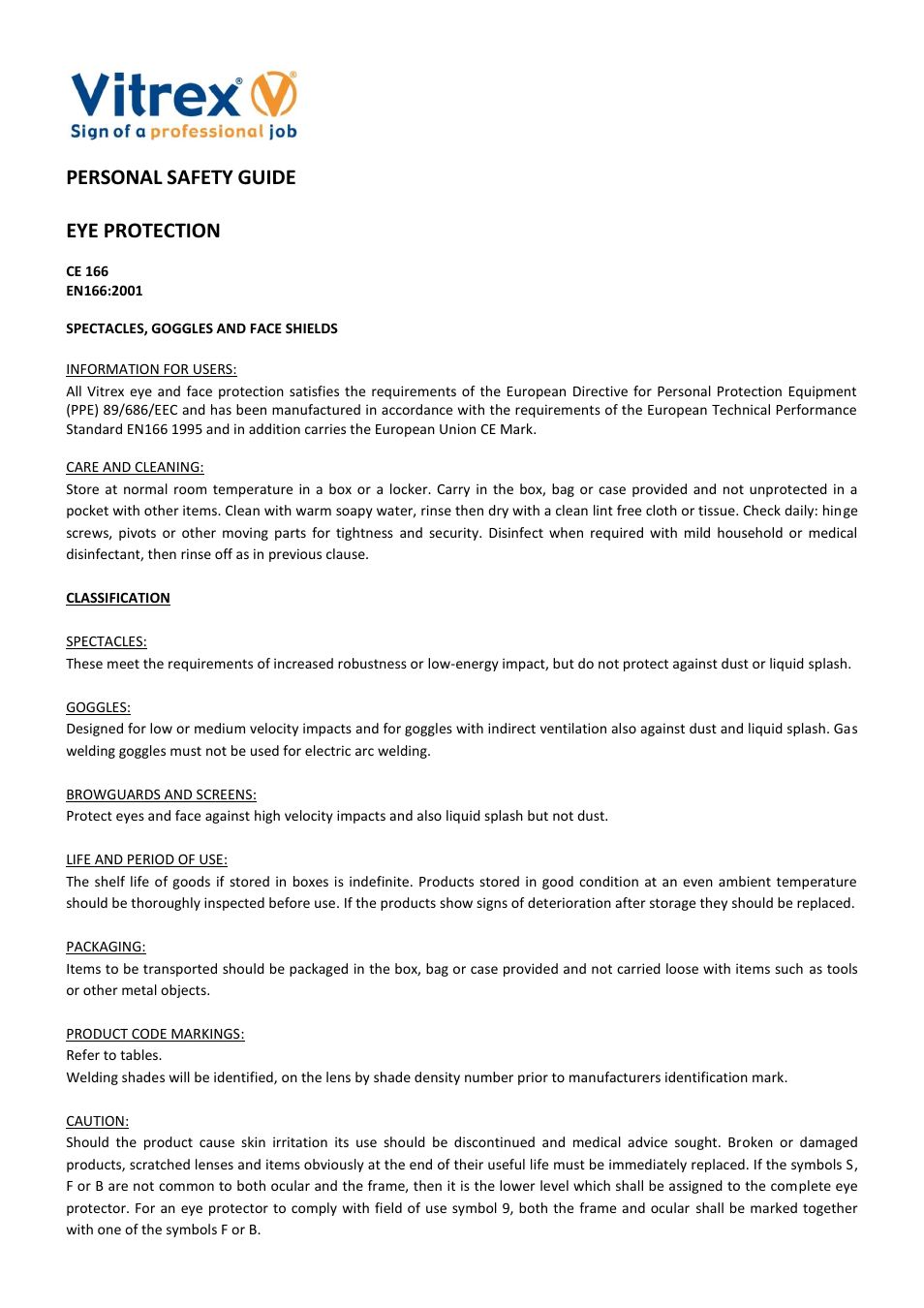 Vitrex EYE PROTECTION User Manual | 3 pages