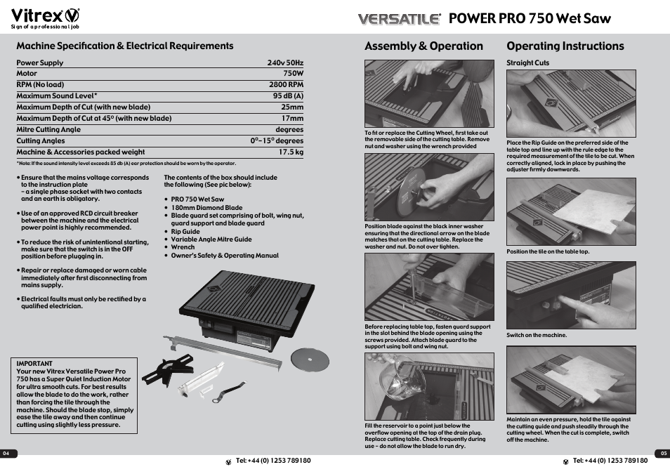 Power pro 750 wet saw, Assembly & operation operating instructions, Machine specification & electrical requirements | Vitrex 103421 User Manual | Page 3 / 4