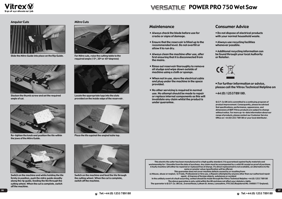 Power pro 750 wet saw, Maintenance, Consumer advice | Vitrex 103421 User Manual | Page 4 / 4