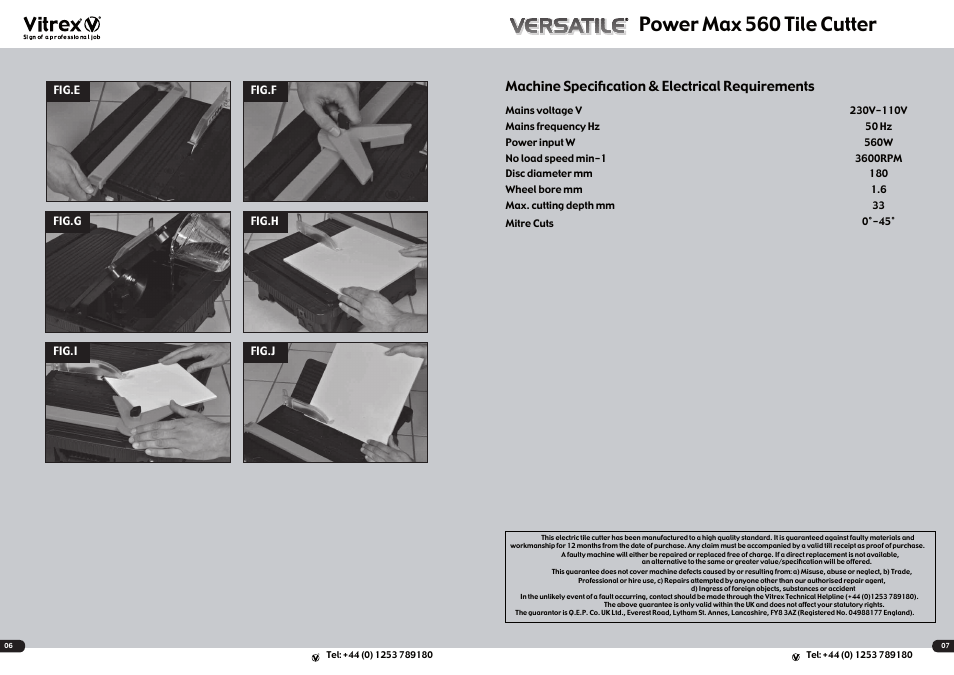 Power max 560 tile cutter, Machine specification & electrical requirements | Vitrex WS560180 User Manual | Page 4 / 5