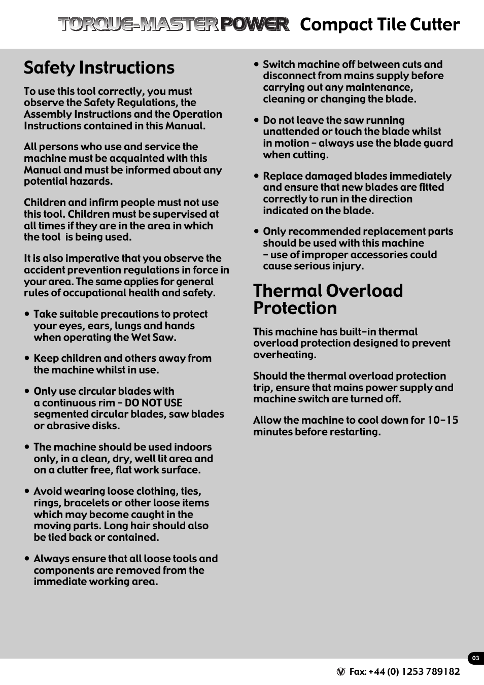 Safety instructions, Thermal overload protection, Compact tile cutter | Vitrex 103402NDE User Manual | Page 4 / 8