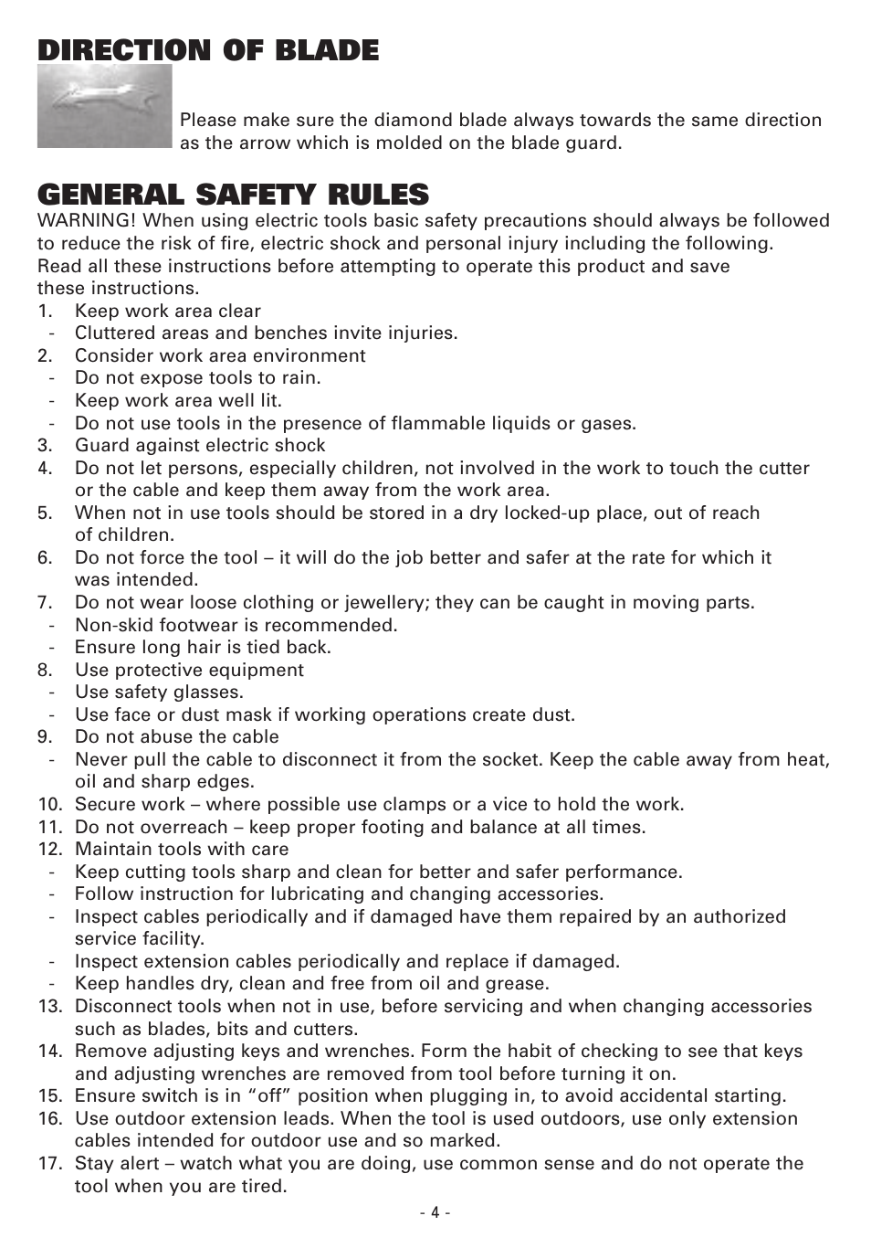 Direction of blade, General safety rules | Vitrex BT900SRIND User Manual | Page 4 / 12