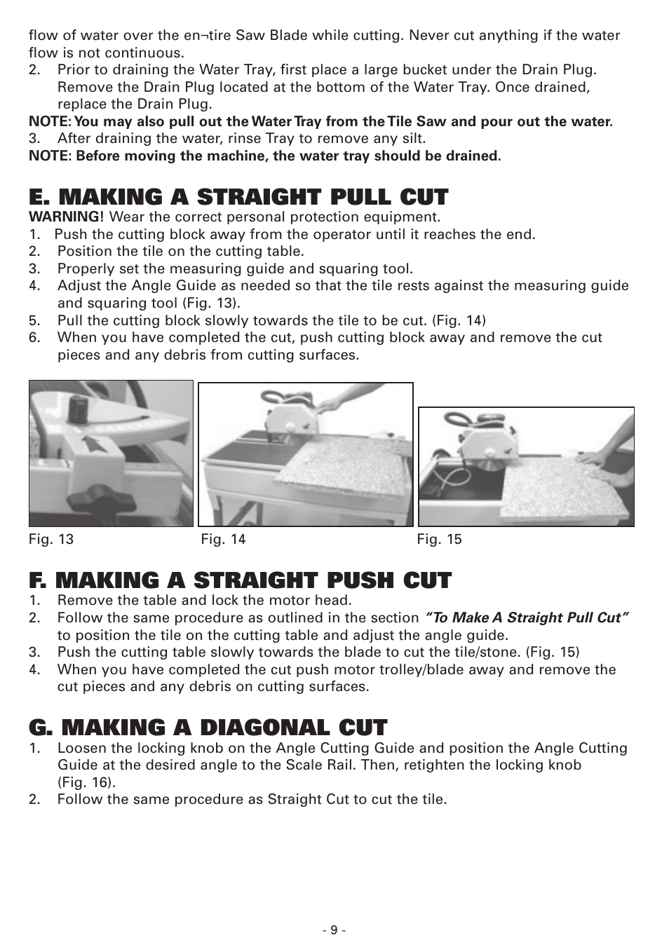 E. making a straight pull cut, F. making a straight push cut, G. making a diagonal cut | Vitrex BT900SRIND User Manual | Page 9 / 12