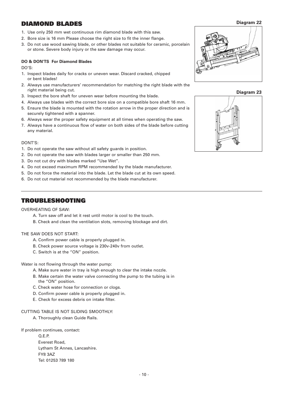 Troubleshooting, Diamond blades | Vitrex BT65011IND User Manual | Page 10 / 12