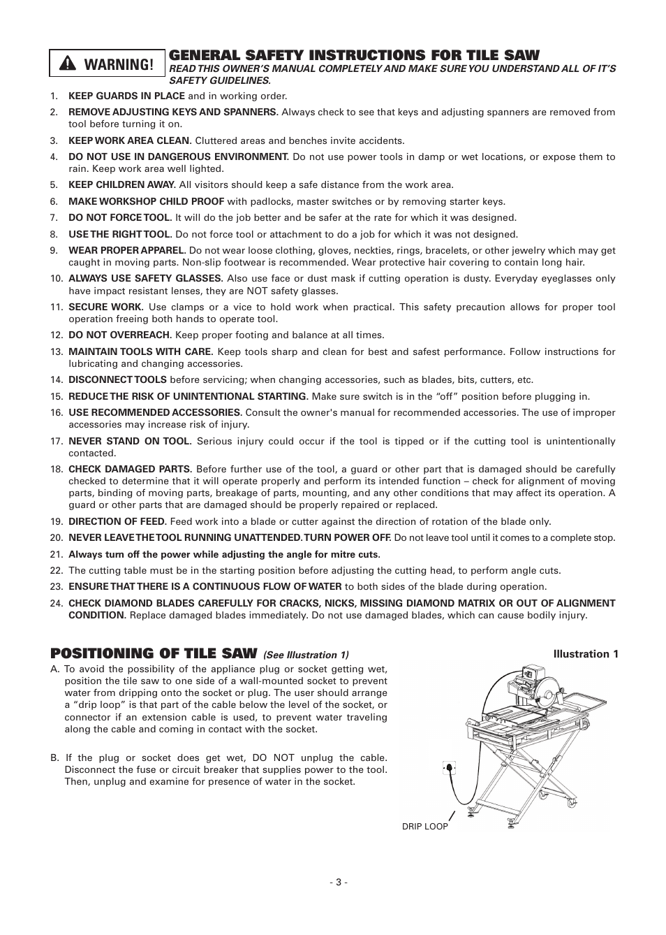 Warning, General safety instructions for tile saw, Positioning of tile saw | Vitrex BT65011IND User Manual | Page 3 / 12