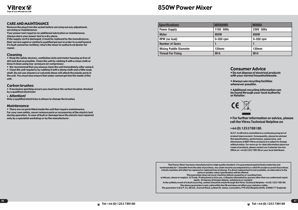 850w power mixer, Consumer advice | Vitrex MIX850 User Manual | Page 4 / 4
