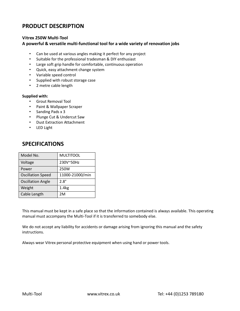Product description, Specifications | Vitrex MULTITOOL User Manual | Page 2 / 8
