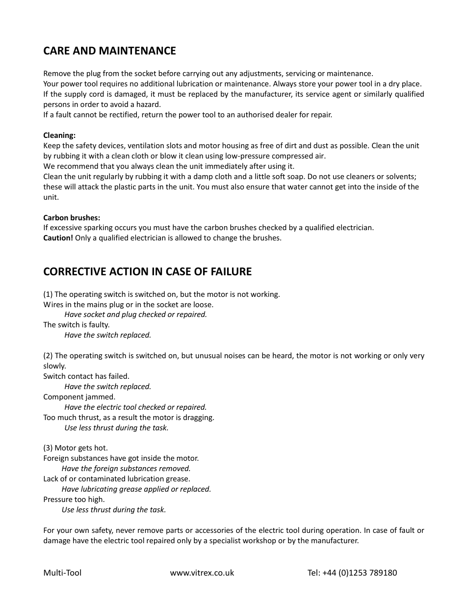 Care and maintenance, Corrective action in case of failure | Vitrex MULTITOOL User Manual | Page 7 / 8