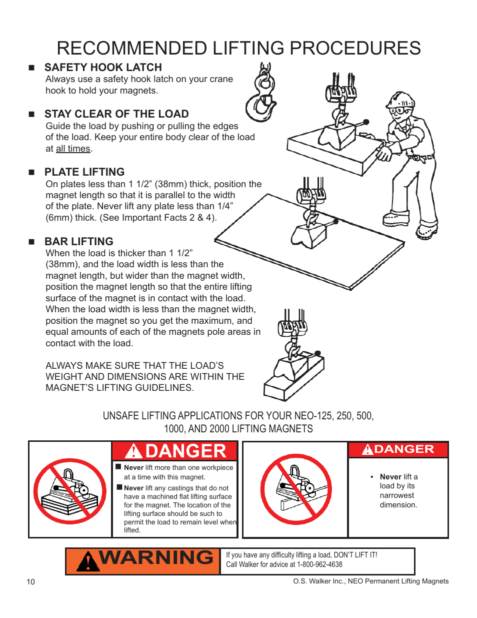 Recommended lifting procedures, Warning, Danger | Walker Magnetics NEO-HV SERIES User Manual | Page 10 / 29