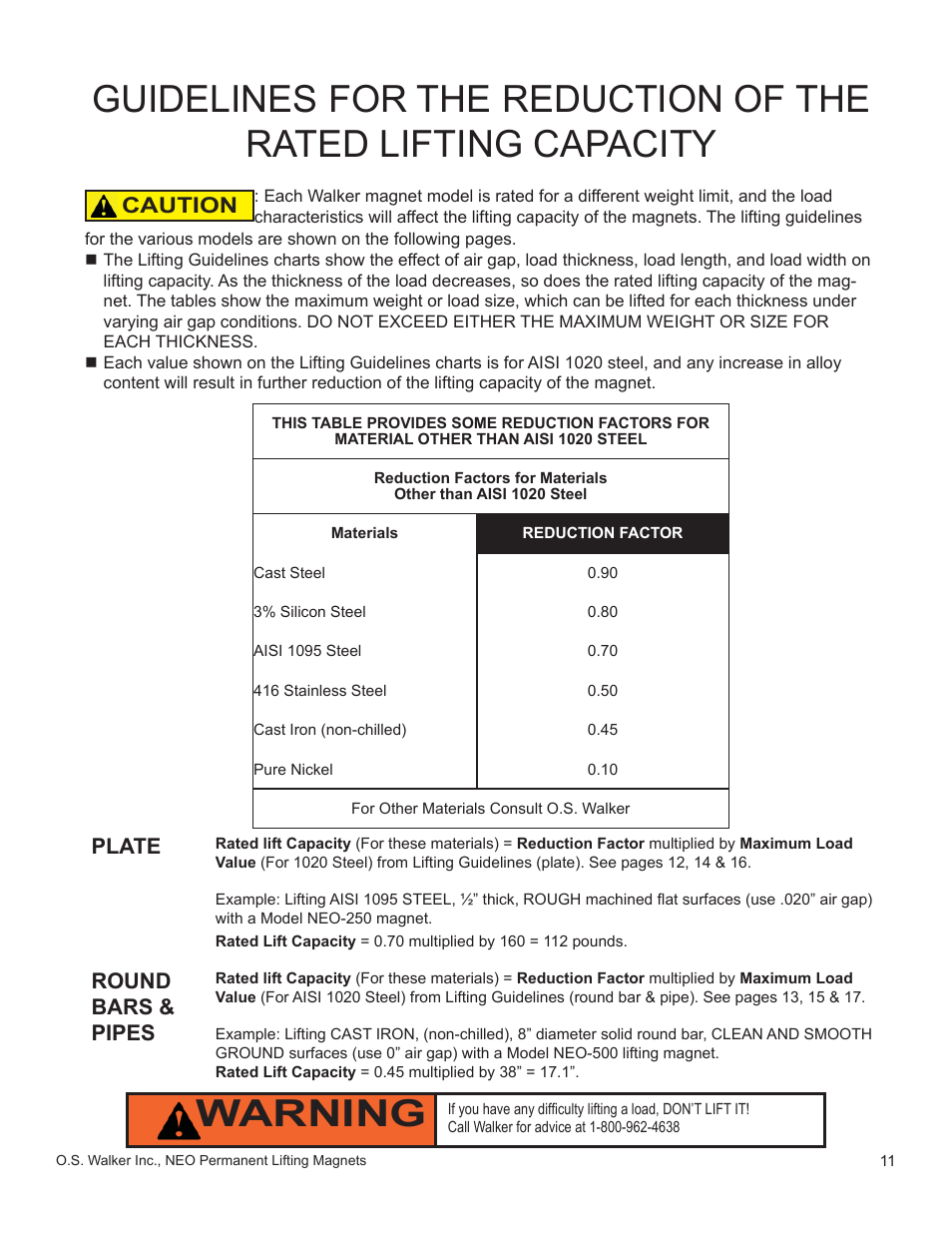 Caution, Plate round bars & pipes | Walker Magnetics NEO-HV SERIES User Manual | Page 11 / 29