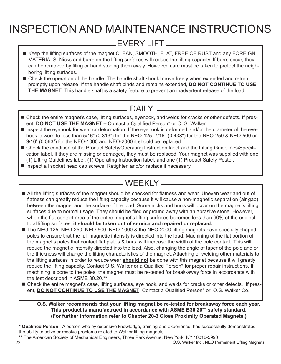 Inspection and maintenance instructions, Daily, Every lift weekly | Walker Magnetics NEO-HV SERIES User Manual | Page 22 / 29