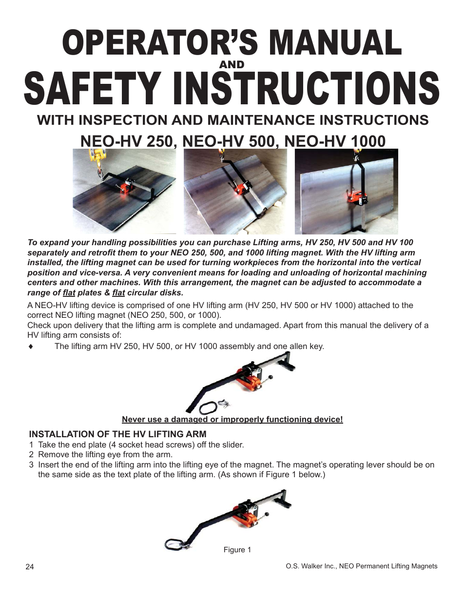 Safety instructions, Operator’s manual | Walker Magnetics NEO-HV SERIES User Manual | Page 24 / 29