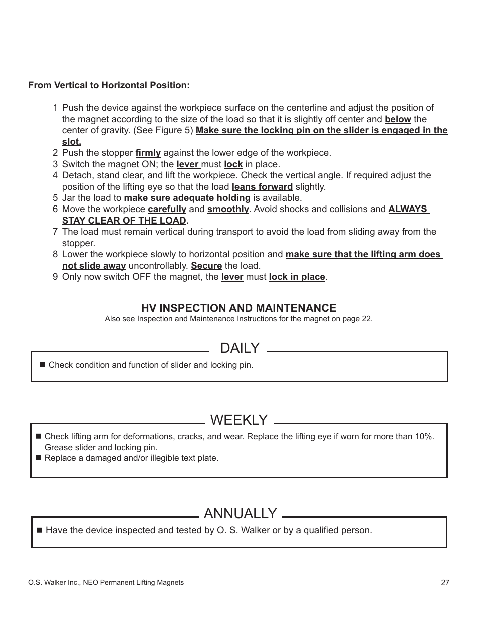 Weekly annually, Daily | Walker Magnetics NEO-HV SERIES User Manual | Page 27 / 29