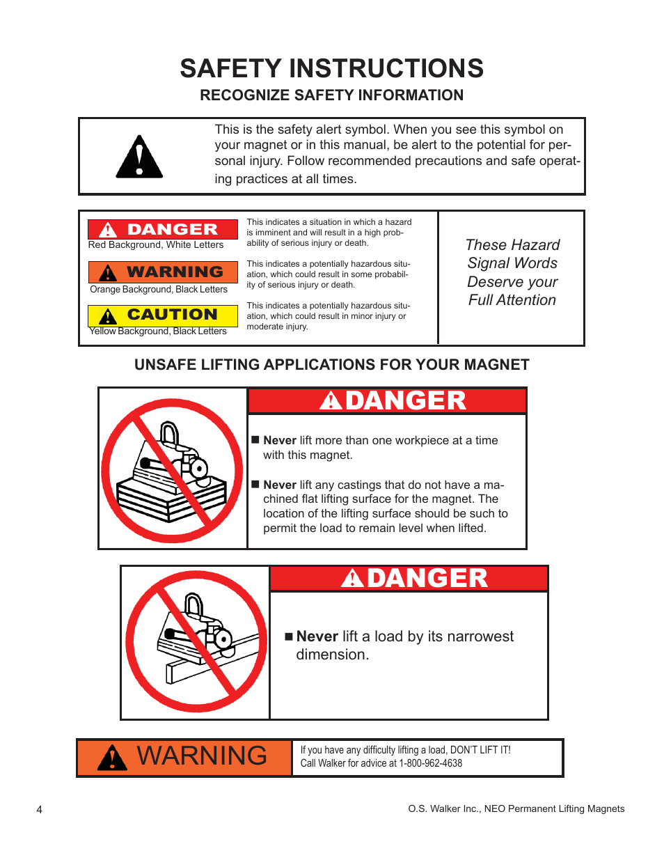 Safety instructions, Danger, Warning | Walker Magnetics NEO-HV SERIES User Manual | Page 4 / 29