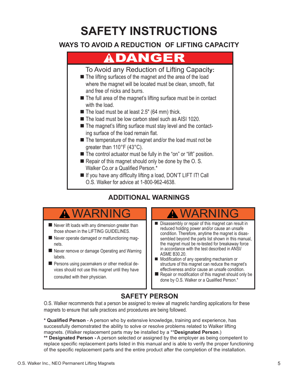 Safety instructions, Warning, Warning danger | Walker Magnetics NEO-HV SERIES User Manual | Page 5 / 29