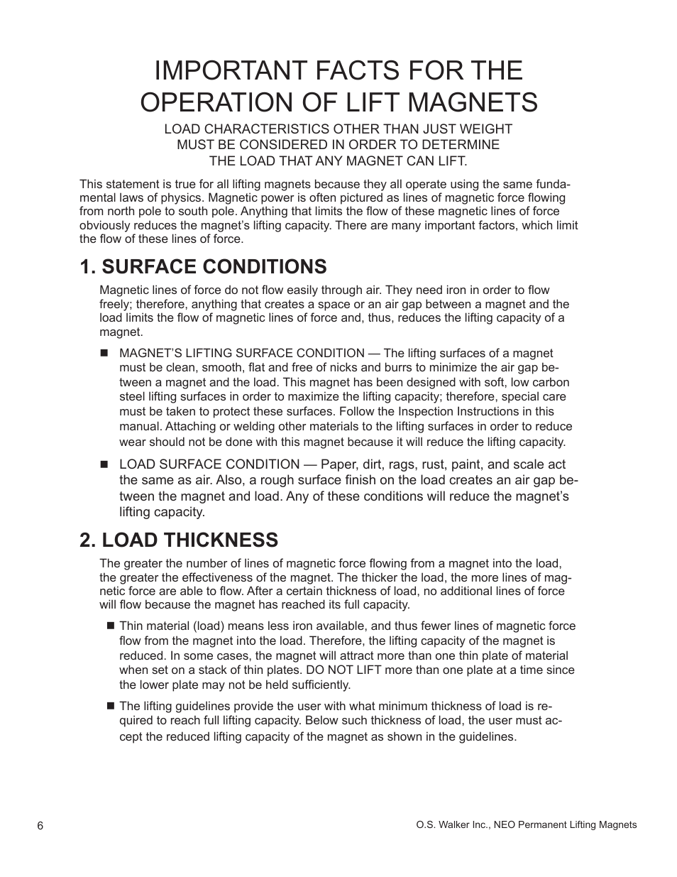 Important facts for the operation of lift magnets, Surface conditions, Load thickness | Walker Magnetics NEO-HV SERIES User Manual | Page 6 / 29