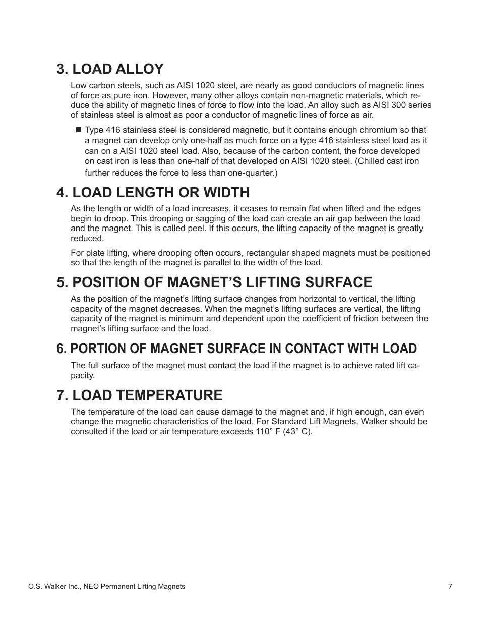 Load alloy, Load length or width, Position of magnet’s lifting surface | Portion of magnet surface in contact with load, Load temperature | Walker Magnetics NEO-HV SERIES User Manual | Page 7 / 29