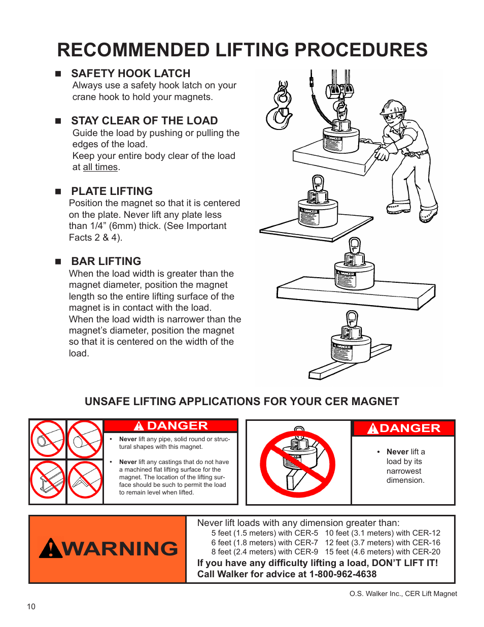 Recommended lifting procedures, Warning | Walker Magnetics CER SERIES User Manual | Page 10 / 24