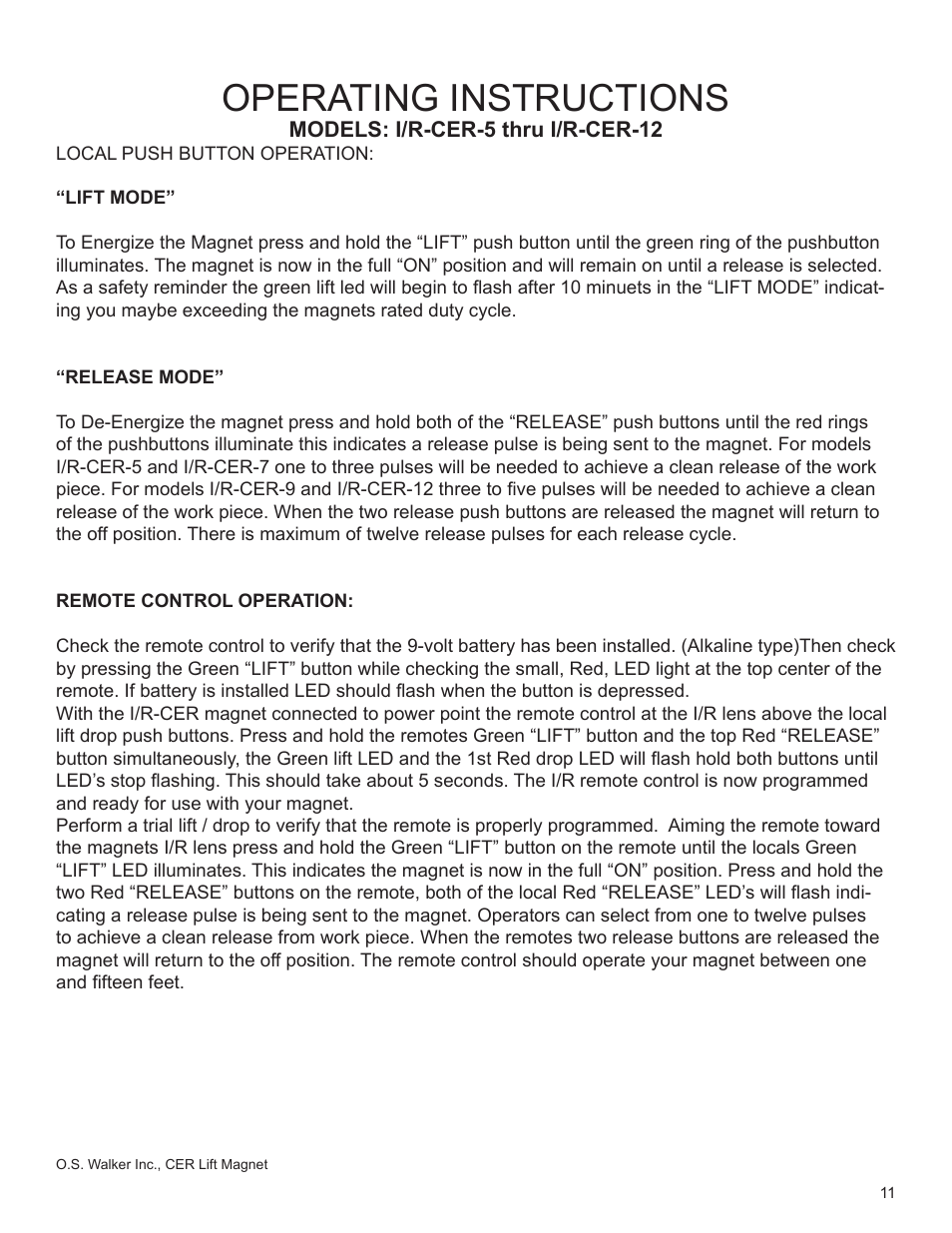 Operating instructions | Walker Magnetics CER SERIES User Manual | Page 11 / 24