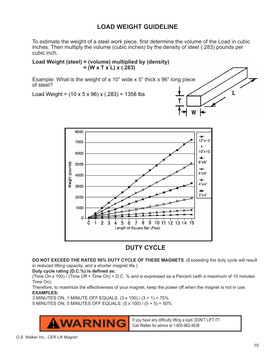 Warning, Load weight guideline, Duty cycle | Walker Magnetics CER SERIES User Manual | Page 15 / 24