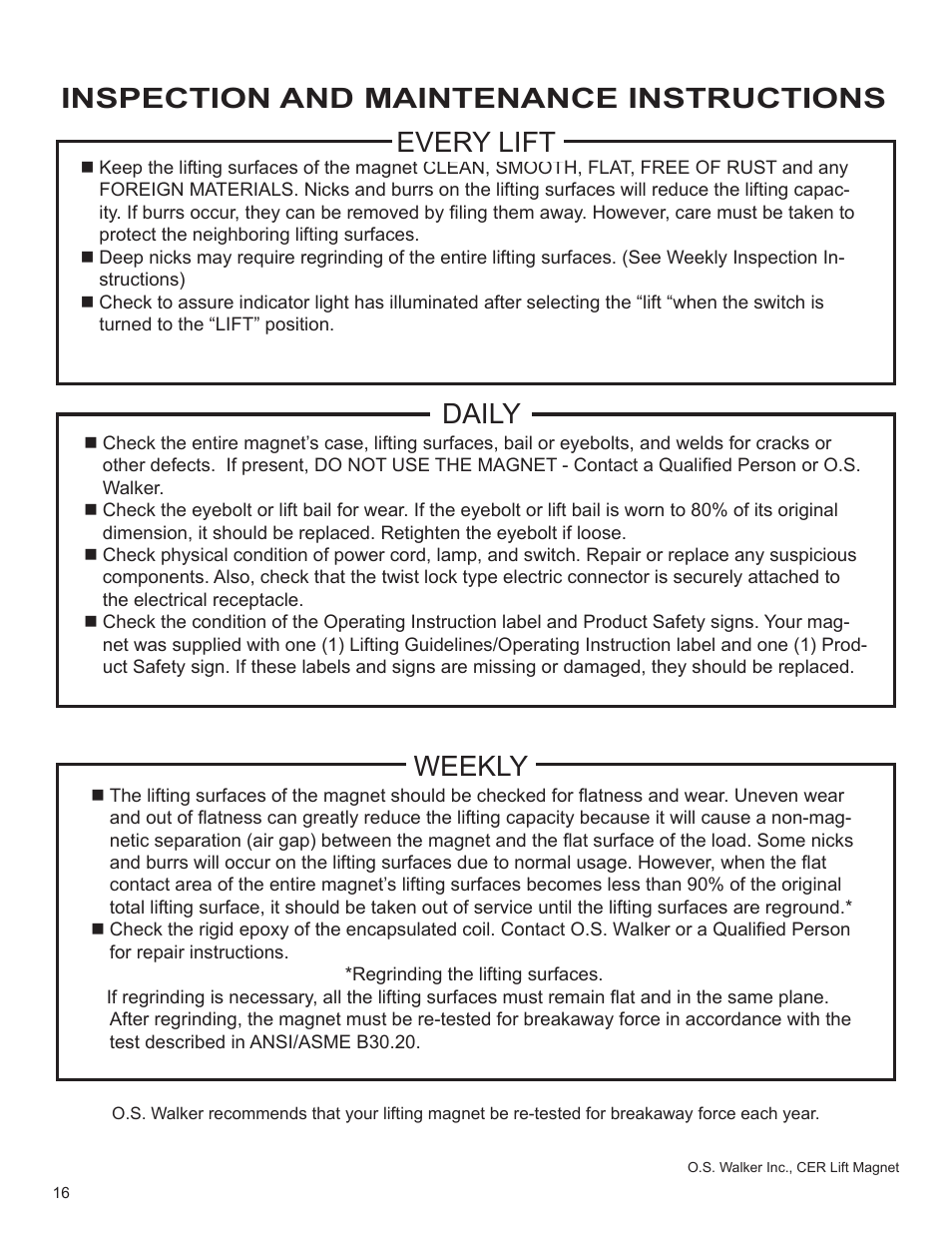 Daily, Inspection and maintenance instructions, Every lift weekly | Walker Magnetics CER SERIES User Manual | Page 16 / 24