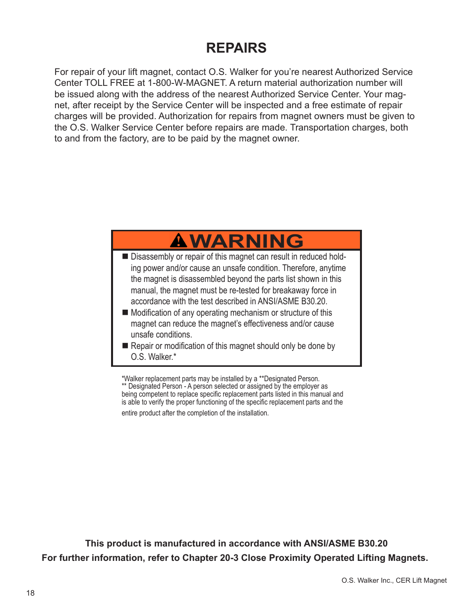 Warning, Repairs | Walker Magnetics CER SERIES User Manual | Page 18 / 24