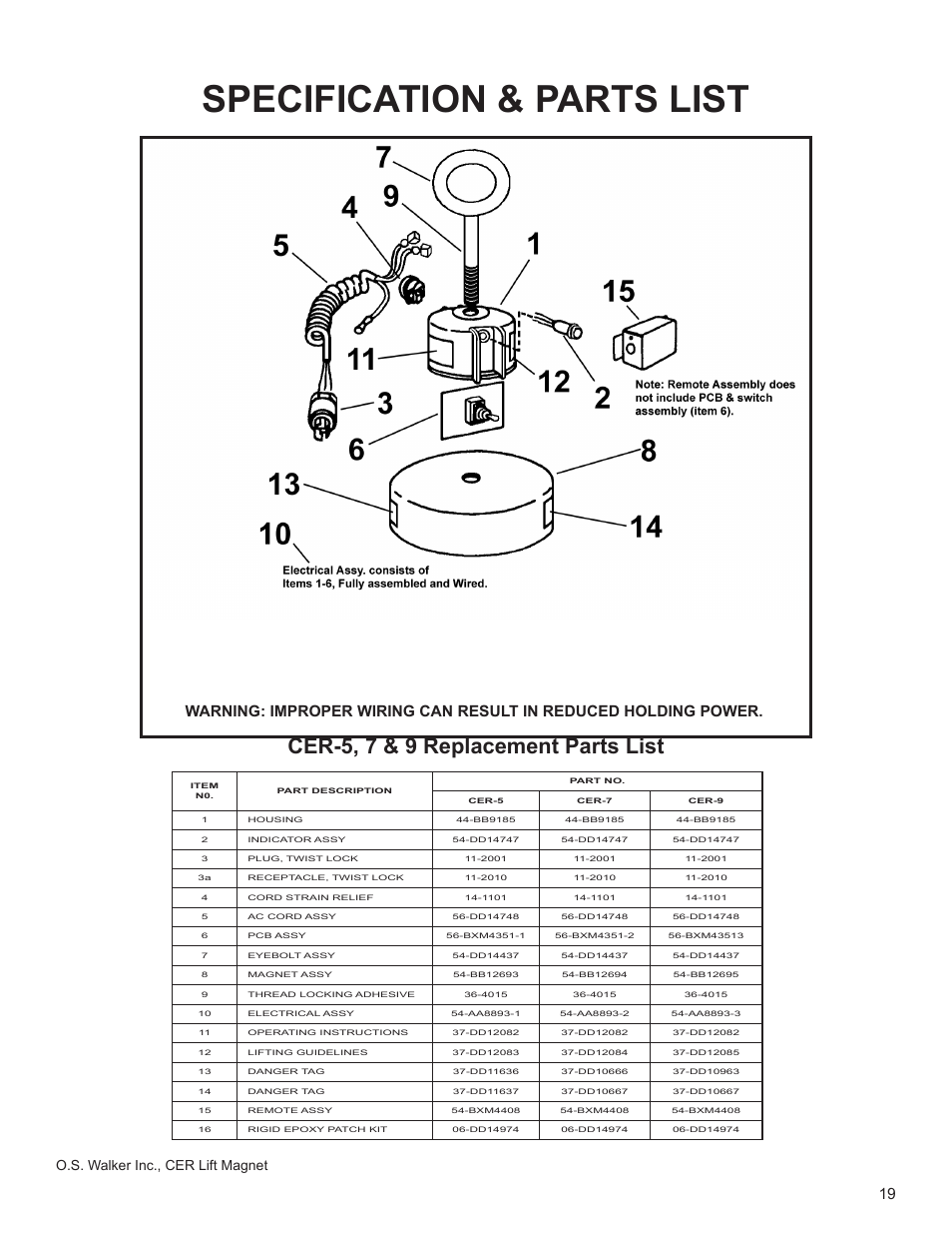 Specification & parts list, Cer-5, 7 & 9 replacement parts list, O.s. walker inc., cer lift magnet | Walker Magnetics CER SERIES User Manual | Page 19 / 24