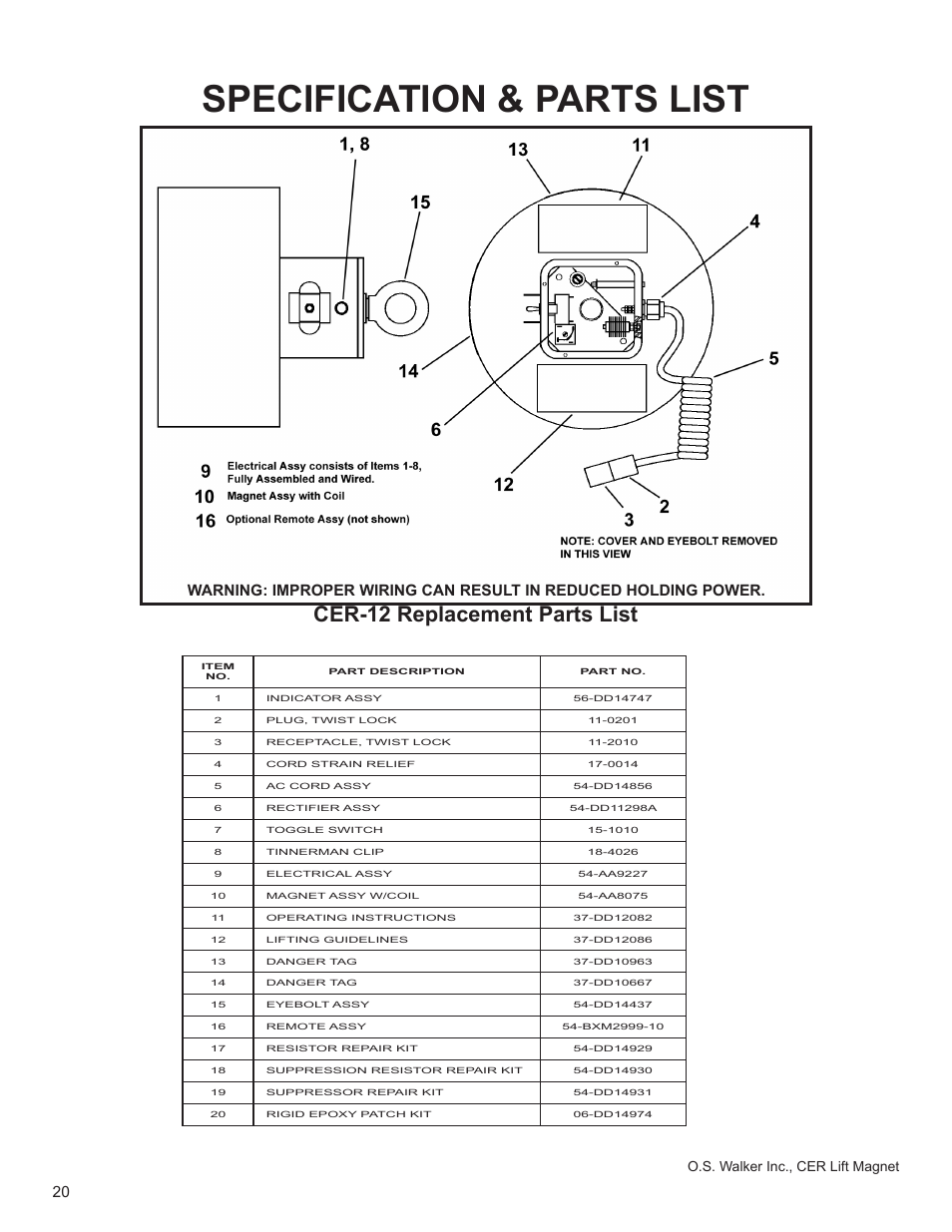 Specification & parts list, Cer-12 replacement parts list, O.s. walker inc., cer lift magnet | Walker Magnetics CER SERIES User Manual | Page 20 / 24