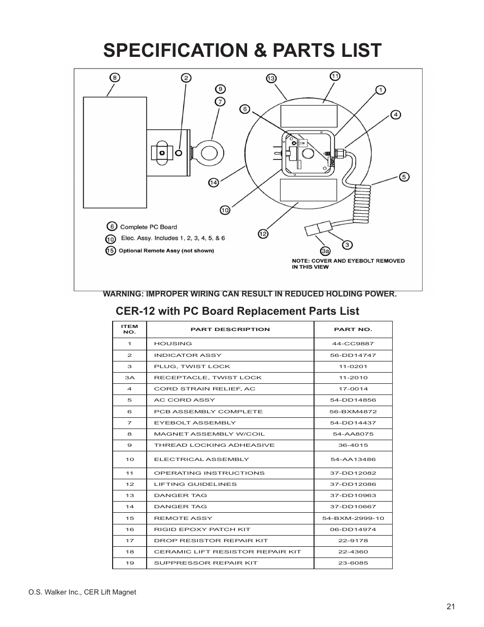 Specification & parts list, Cer-12 with pc board replacement parts list, O.s. walker inc., cer lift magnet | Walker Magnetics CER SERIES User Manual | Page 21 / 24