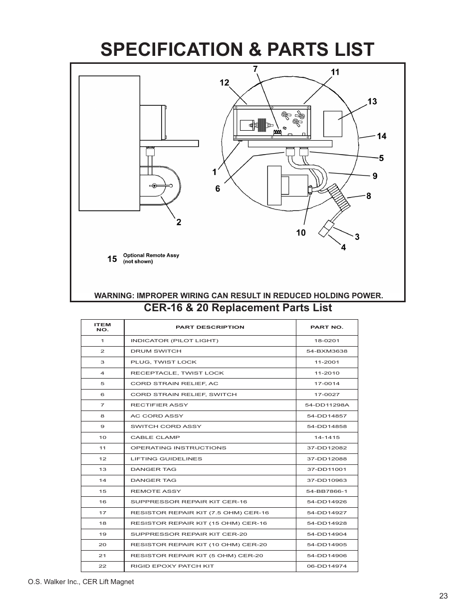 Specification & parts list, Cer-16 & 20 replacement parts list, O.s. walker inc., cer lift magnet | Walker Magnetics CER SERIES User Manual | Page 23 / 24
