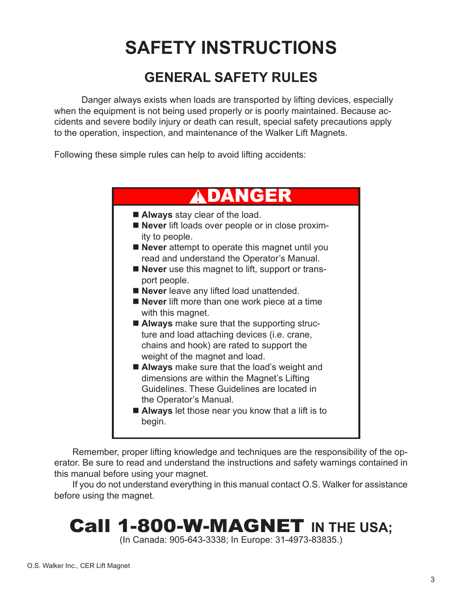 Safety instructions, Call 1-800-w-magnet, Danger | General safety rules | Walker Magnetics CER SERIES User Manual | Page 3 / 24