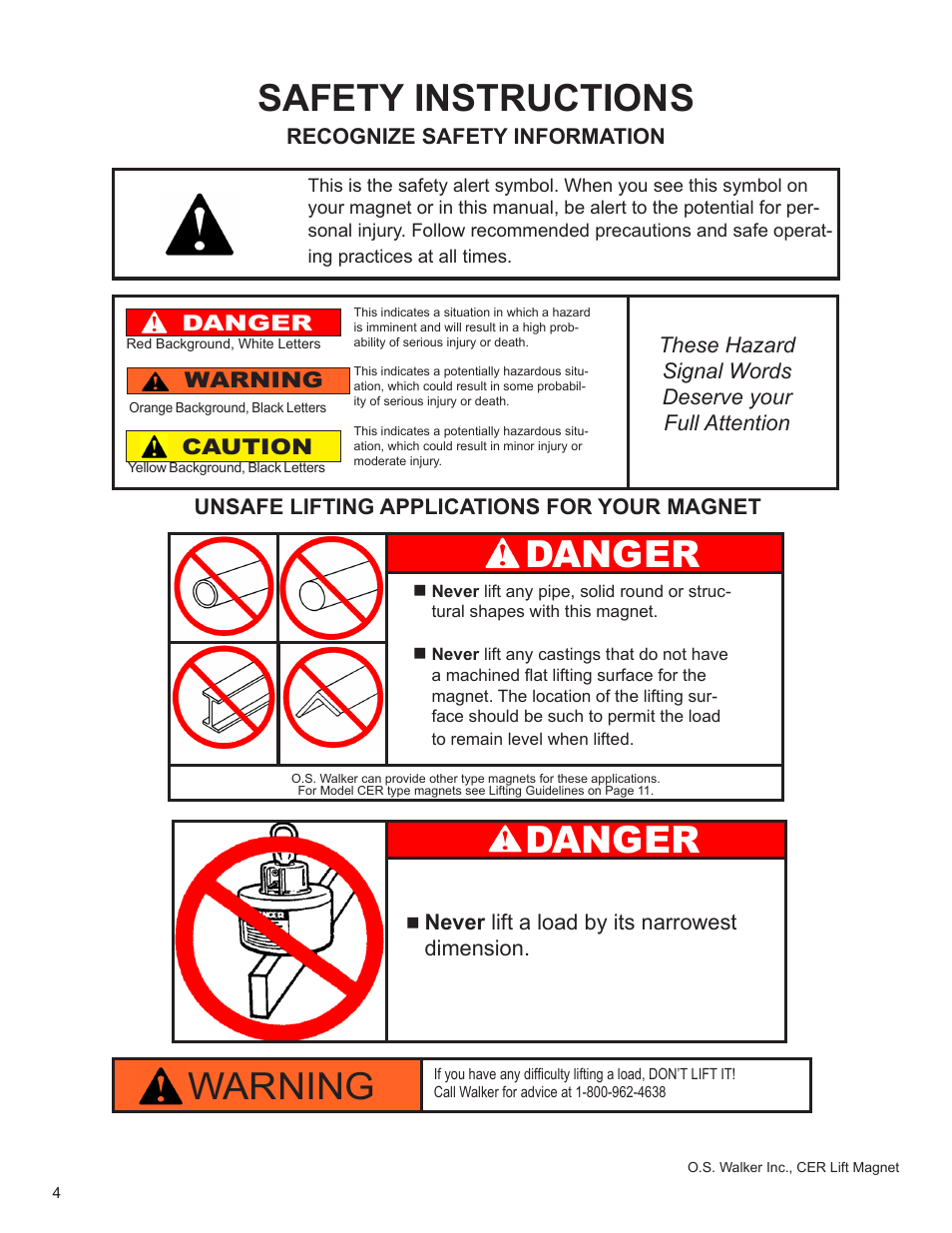Safety instructions, Warning, Danger | Walker Magnetics CER SERIES User Manual | Page 4 / 24