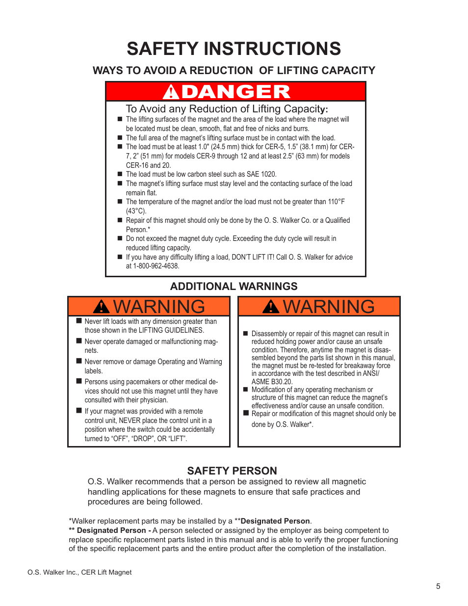 Safety instructions, Danger, Warning | Additional warnings | Walker Magnetics CER SERIES User Manual | Page 5 / 24