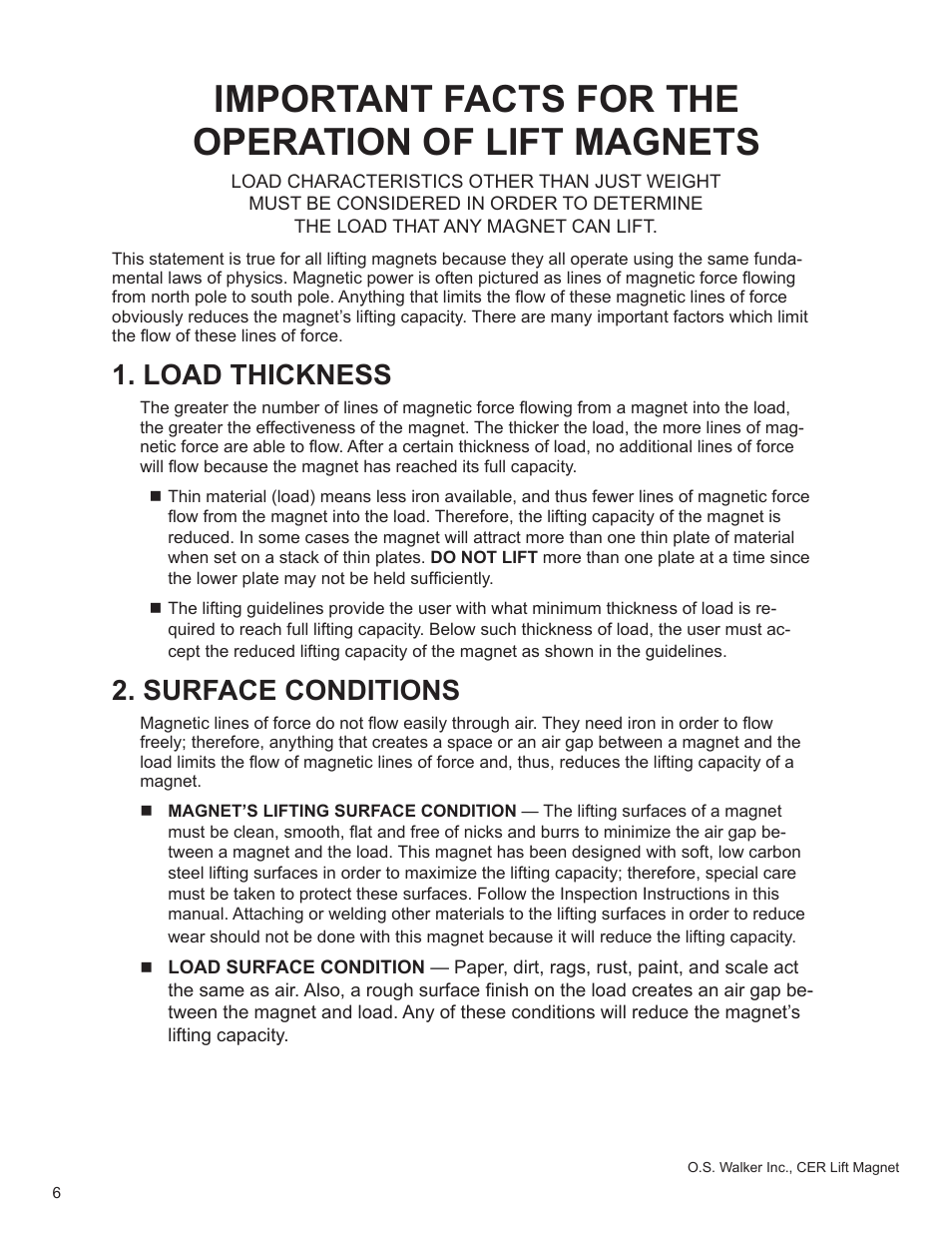 Important facts for the operation of lift magnets, Load thickness, Surface conditions | Walker Magnetics CER SERIES User Manual | Page 6 / 24