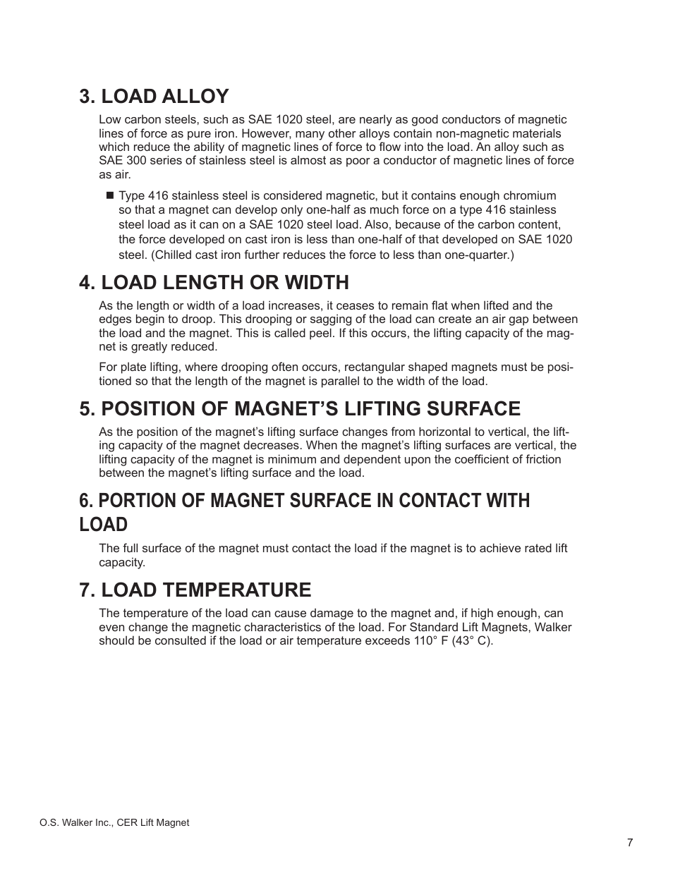 Load alloy, Load length or width, Position of magnet’s lifting surface | Portion of magnet surface in contact with load, Load temperature | Walker Magnetics CER SERIES User Manual | Page 7 / 24