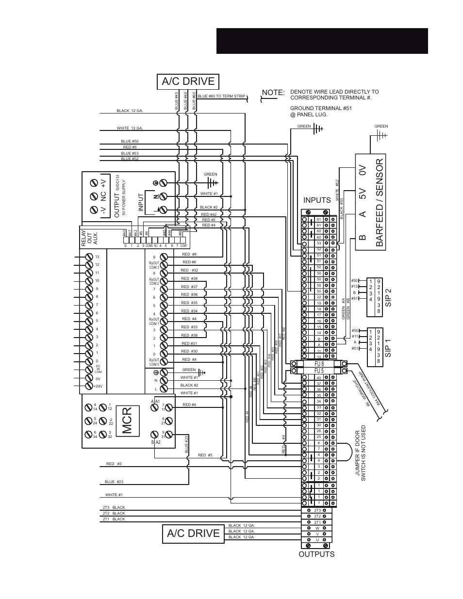 Electrical controls main panel, A/c drive, Barfeed / sensor b a 5v 0v | Outputs, Inputs, Sip 2, Sip 1, V nc +v, Fu 5 fu 8, Output | Wellsaw 1316S User Manual | Page 27 / 35