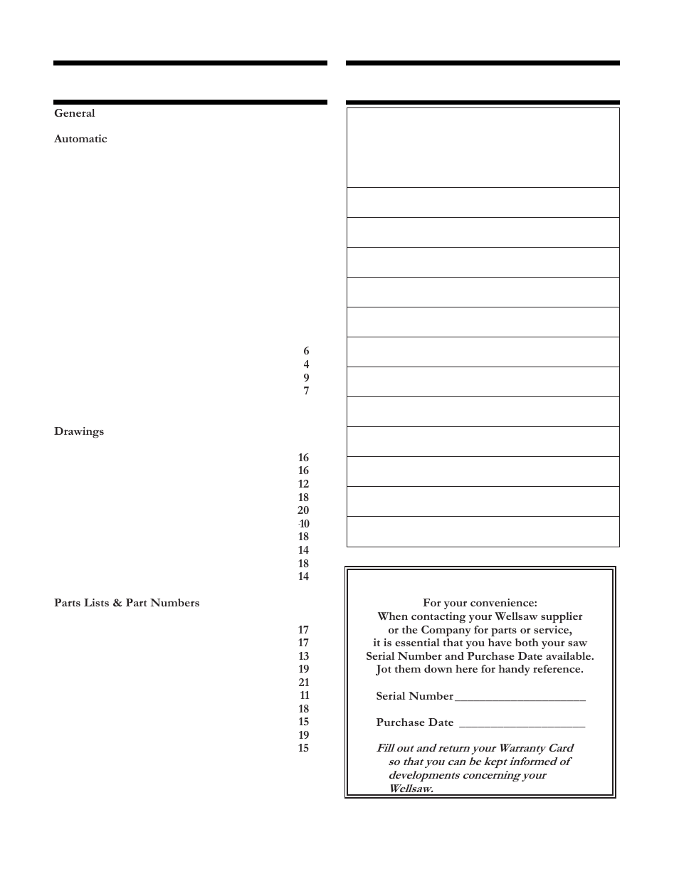 Index, Model 613 specifications, Parts ordering | Wellsaw 613 User Manual | Page 2 / 26